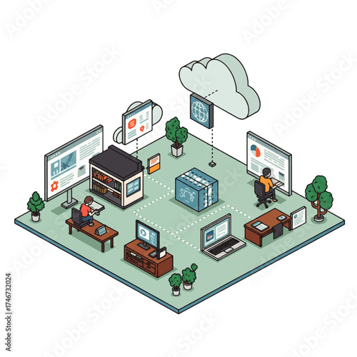 Isometric illustration depicting people working with computers connected to a cloud server and data storage.