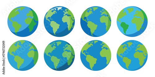 Eight oval shaped earth globes showing different angles of continents and oceans