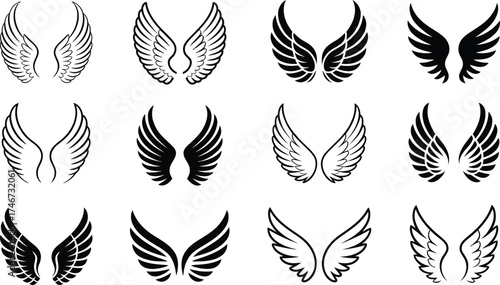 Vector art of set of twelve hand drawn angel wings.