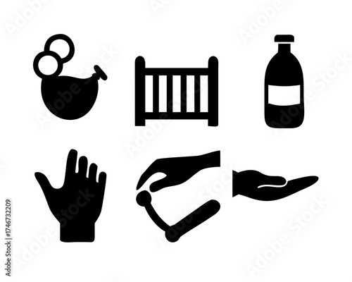 Baby care icons in black silhouette for new parents