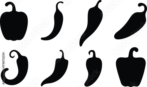 Set of Different Black Pepper Silhouettes on a White Background