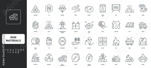 Metal and steel coil, uranium, leather and wool thin black and red outline symbols vector illustration Raw materials, wood and glass, plastic and iron ore, gold and coal mine and drill line icon set.