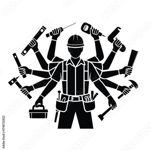 Skilled handyman with many tools and arms
