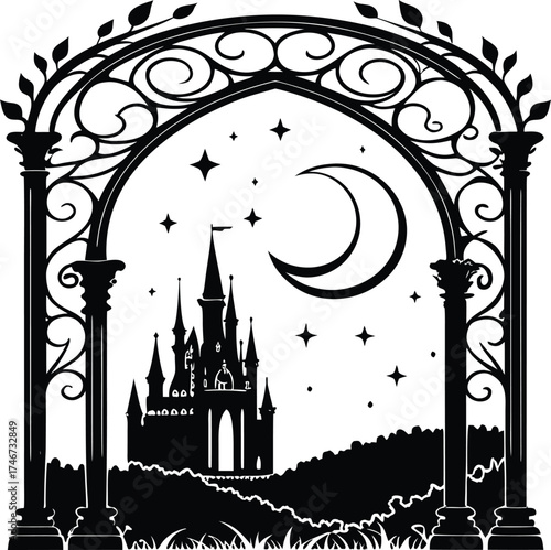 Enchanted Castle Silhouette with Crescent Moon, Stars, Ornate Archway and Pillars – Fantasy Fairytale Night Vector Illustration for Storybook, Poster, or Children’s Wall Art