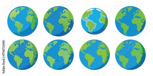 Eight oval earth globes showing different continents and oceans from various angles