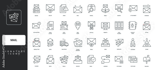 Receive and send letter, open envelope with newsletter thin black and red outline symbols vector illustration Mail and email, parcel and address, postcard and post office, postmark line icon set.