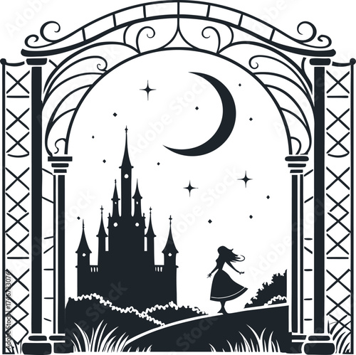 Magical Fairytale Princess Silhouette at Castle Under Crescent Moon and Stars, Ornate Arch Fantasy Vector Illustration for Storybook Cover, Poster, or Children’s Wall Art