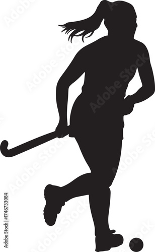 Silhouette of a hockey player in action with stick and puck.

A black silhouette of a hockey player in a dynamic pose, stick raised, with a puck at their feet on a white background.
