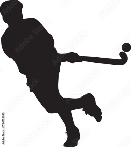 Silhouette of a hockey player in action with stick and puck.

A black silhouette of a hockey player in a dynamic pose, stick raised, with a puck at their feet on a white background.
