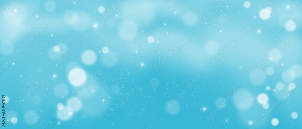 Obraz premium Twinkling white shining bokeh particles in blue sky with white clouds, Snow is falling, Vector background with sparkles on blue.