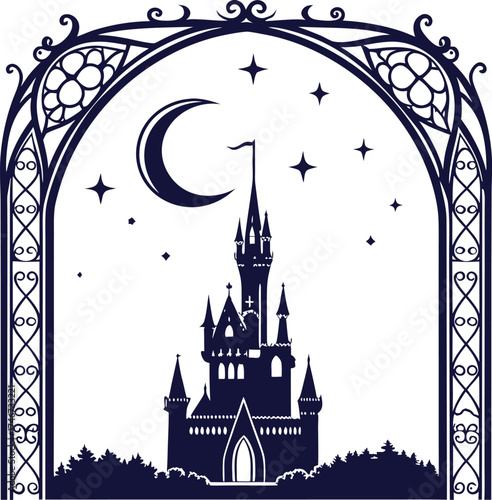 Magical Fairytale Castle Silhouette with Crescent Moon, Stars, Ornate Arch and Twilight Sky – Enchanted Fantasy Vector Illustration for Storybook, Poster, or Children’s Wall Decor