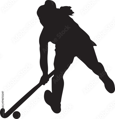 Silhouette of a hockey player in action with stick and puck.

A black silhouette of a hockey player in a dynamic pose, stick raised, with a puck at their feet on a white background.
