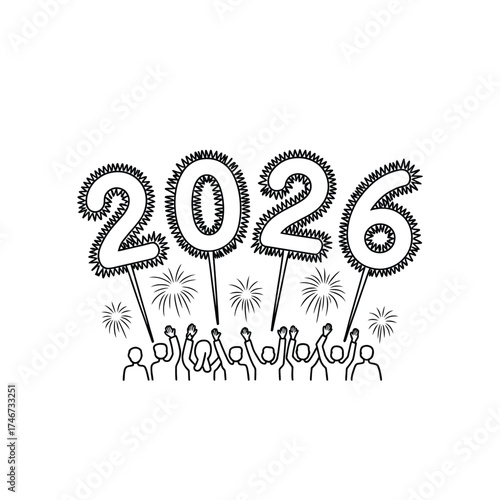 Celebration of the year 2026 with fireworks and people holding numbers