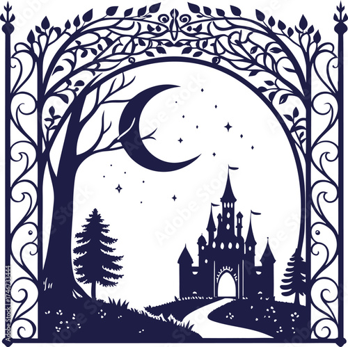 Enchanted Fairytale Castle Silhouette at Night with Crescent Moon, Stars, Trees, and Ornate Border – Fantasy Vector Illustration for Storybook, Poster, or Children’s Wall Art