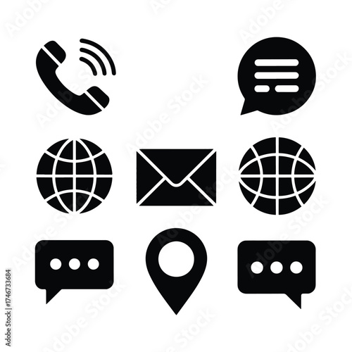 Collection of black communication icons including phone mail globe chat and location pin call ringing