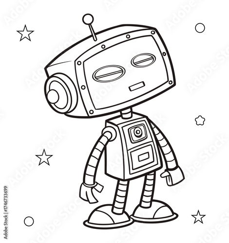 Futuristic character coloring page black outline isolated on white- line art vector drawing