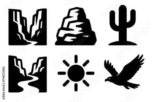 Brutalist Canyon Icons. Rocky canyon silhouette set. cliff, rock, cactus, river, sun, eagle.