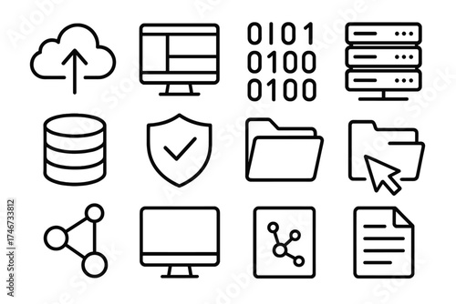 Tech Icon Set. Digital posting outline set. cloud, upload arrow, dashboard screen, binary code, server rack, database stack, shield check, folder, cursor click, network nodes