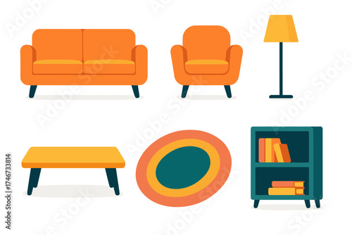 Modern Cozy Living. Cozy living room flat icon set. sofa, armchair, lamp, coffee table, rug, bookshelf.