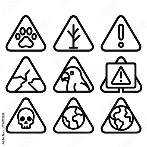 Wildlife Warning Icons. Wildlife warning outline set. paw in triangle, fading tree, warning exclamation, broken habitat, endangered bird, skull symbol, shrinking earth, danger sign