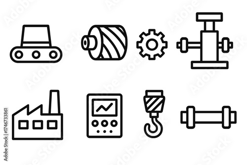 Industrial Machinery Icons. Industrial Axle outline set. conveyor belt, rotating drum, machine gear, shaft, hydraulic press, factory building, control panel, crane hook.