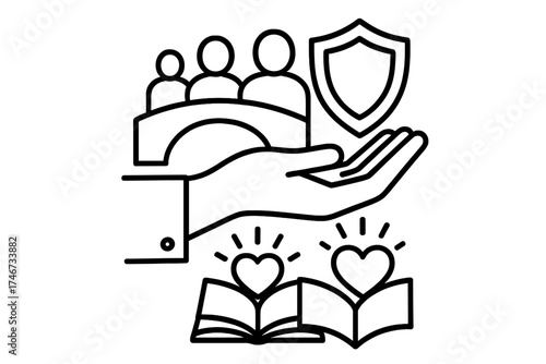 Community Support Symbols. Community support outline set. outreach hand, people silhouettes, protective shield, bridge arch, open book, shining heart