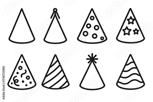 Festive Hat Icons. Celebration hat outline set. pointed hat, hat with tassel, glittery hat, confetti pattern, starry cone, bold stripes, festive topper, colorful hat.