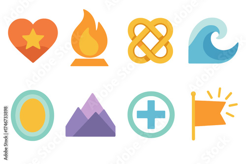 Modern Tribute Icons. Abstract tribute isometric set. heart with star, flame of sacrifice, legacy knot, eternal wave, protective aura, mountain of strength, harmony cross, radiant