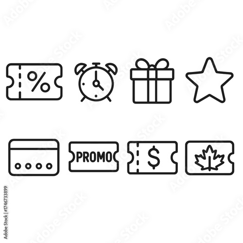 Outline Coupon Icons. Deal symbols outline set. sale coupon, limited-time coupon, gift coupon, reward coupon, loyalty card, promo ticket, cash voucher, seasonal coupon.