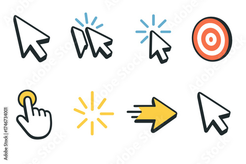 Digital Click Icons. Click frenzy isometric set. mouse pointer, double cursor, rapid clicks, target icon, clicking hand, burst lines, fast motion arrow, glowing pointer.
