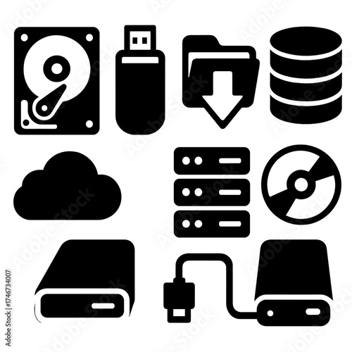 Brutalist Storage Icons. Drive silhouette set. hard disk, USB stick, folder with arrow, database stack, cloud storage, server rack, CD/DVD, external drive.