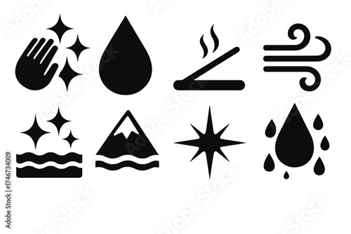 Purity Icons Collection. Purifying silhouette set. cleansing hand, raindrop, fresh breeze, sparkling water, mountain spring, incense stick, bright star, droplet mist.