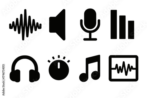 Audio Icon Set. Audio quality basics silhouette set. sound wave, speaker, microphone, equalizer bars, headphone icon, volume knob, music note, waveform display.