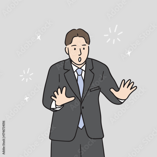 Illustration of a male office worker calming down a situation with his hand gesture