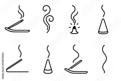 Incense Smoke Icons. Incense smoke outline set. incense stick, rising smoke trail, curled smoke, glowing ember, incense cone, thin smoke swirl, incense holder, gentle wisp.