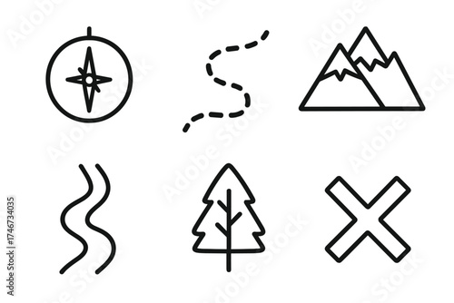 Map Legend Icons. Map legend outline set. compass, dotted path, mountain, river, tree, X mark.