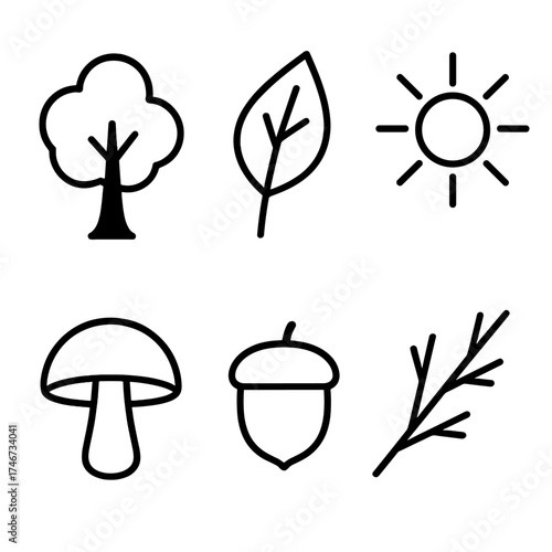 Outline Grove Icons. Natural grove outline set. tree, leaf, mushroom, acorn, branch, sun.