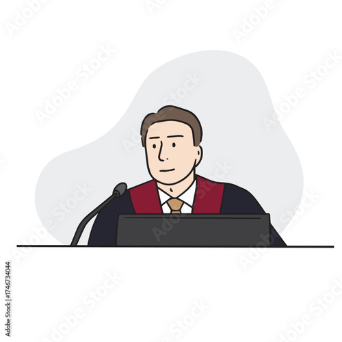 Illustration of a male judge wearing a robe and presiding over a trial