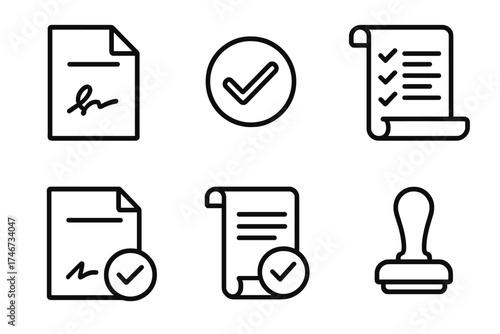 Consent Icons Collection. Consent outline set. paper with signature, yes symbol, accepted terms, contract scroll, stamp, approval tick.