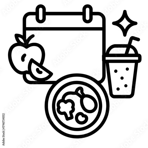 Healthy Diet Icons. Diet plan outline set. calendar page, food icons, apple slice, smoothie cup, balanced plate, glowing star