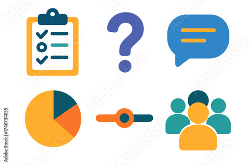 Modern Survey Icons. Survey poll flat icon set. clipboard, question mark, chat bubble, pie chart, slider, people group.