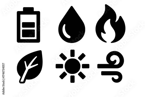 Bold Energy Icons. Energy renewal silhouette set. battery, droplet, flame, leaf, sun, wind swirl.