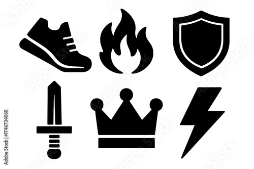 Bold Icon Essence. Determined spirit silhouette set. running shoe, flame, shield, sword, crown, lightning bolt.