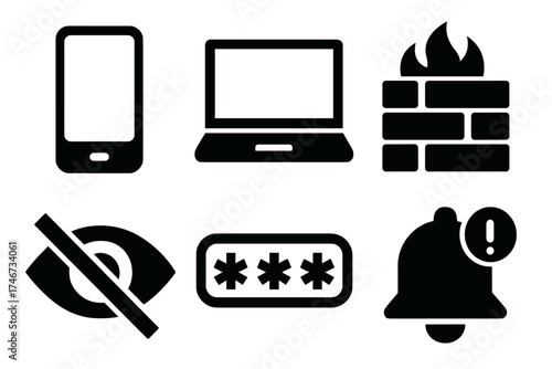Bold Privacy Icons. Digital privacy silhouette set. smartphone, laptop, firewall, eye with slash, password, notification.