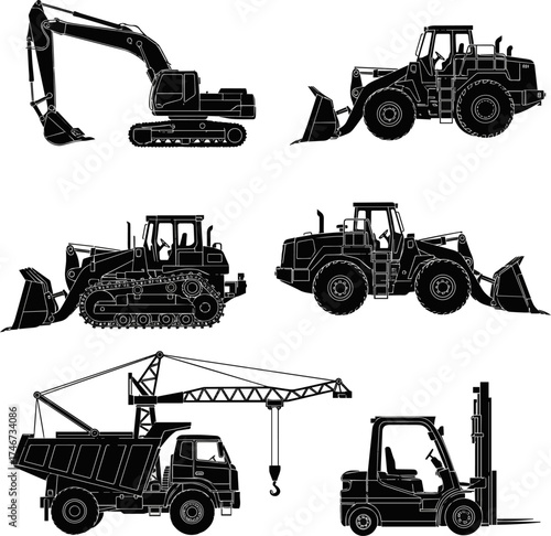 Isolated a kinds of deferent CAD Drawings. Set of silhouette heavy equipment vehicles. Side view. vector art with white background..