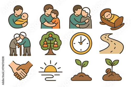 Generational Icons. Generational hug isometric set. baby, child, adult, elder, cradle, walking stick, family tree, clock, path, hand in hand, sunrise, seed.