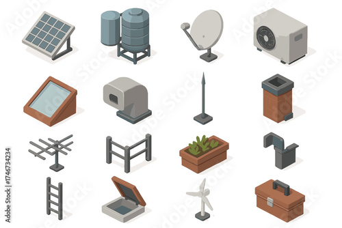 Modern Rooftop Icons. Functional Rooftop isometric set. solar panel, water tank, satellite dish, air conditioner, skylight, ventilation duct, lightning rod, chimney, antenna