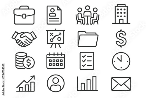 Business Icon Set. Business Customer outline set. briefcase, contract, meeting table, office building, handshake, strategy board, folder, dollar sign, coin stack, calendar