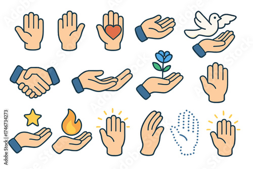 Isometric Hand Icons. Hand icons isometric set. open hand, raised hand, hand with heart, helping hand, clasped hands, handshake, protective hand, guiding hand, holding flower, hand