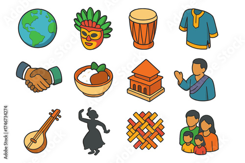 Cultural Diversity Icons. Cultural diversity isometric set. globe, festival mask, drum, traditional clothing, handshake, food bowl, temple, storytelling figure, musical instrument